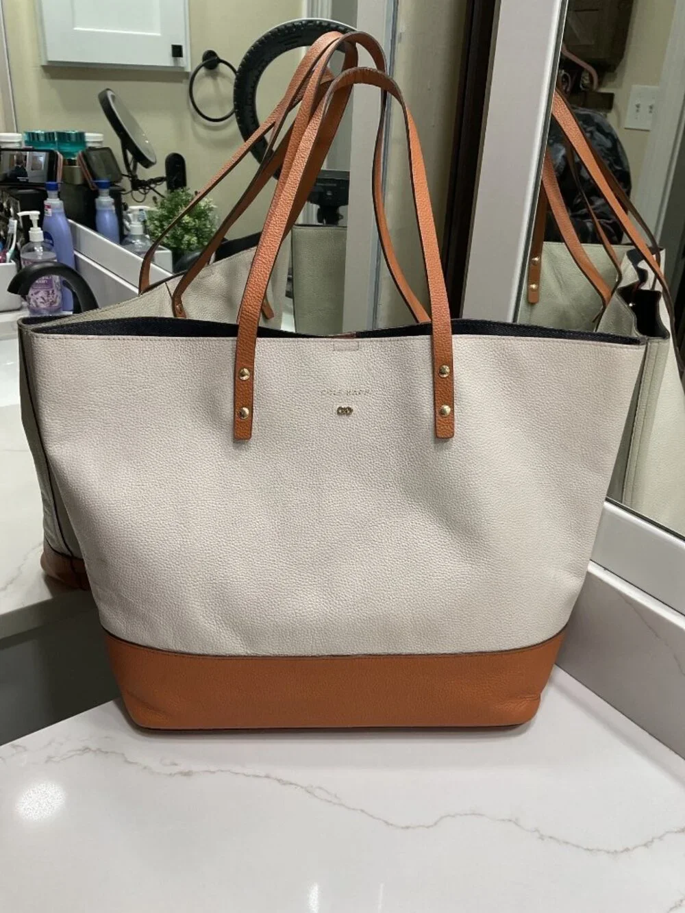 Cole Haan Beckett Tote Bag Pebbled Leather Color Block Large Casual School Work